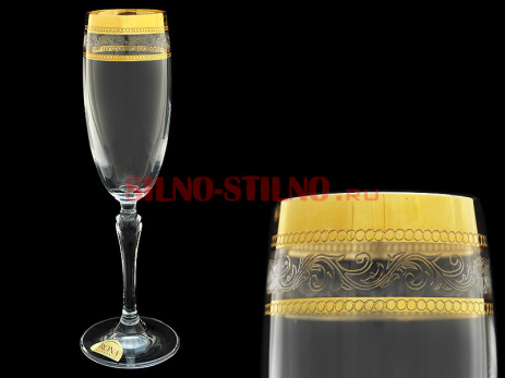 Набор из 6 бокалов для шампанского "Широкое золото+бесцветная волна" (Люция) 160мл. 
